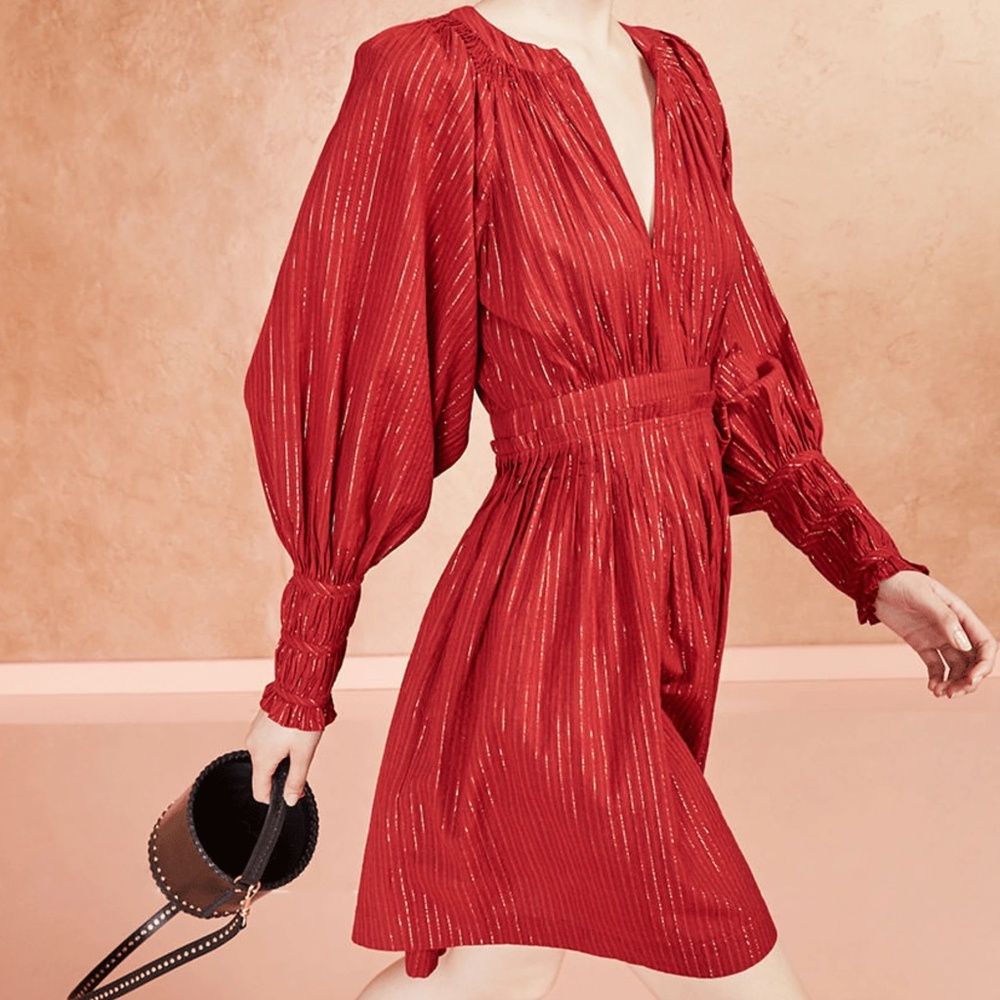 ULLA JOHNSON Rory Mini Dress - Long Sleeve Shimmer Striped in Red - Size 0 NWT